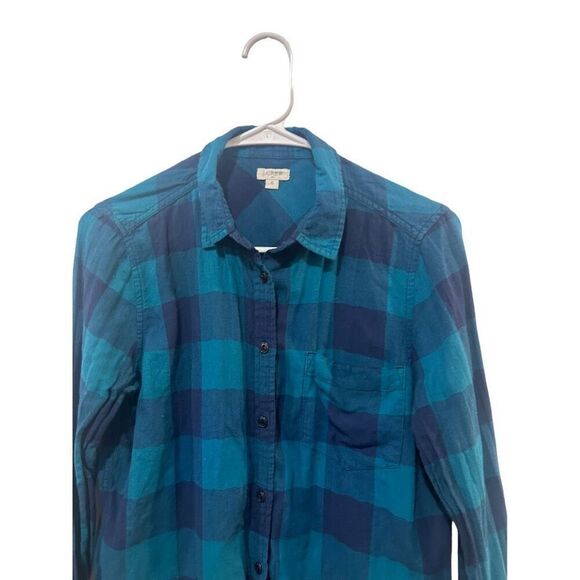 J Crew Factory Teal Blue Button Front Flannel Blouse Size 6 Western Classic - Picture 6 of 9